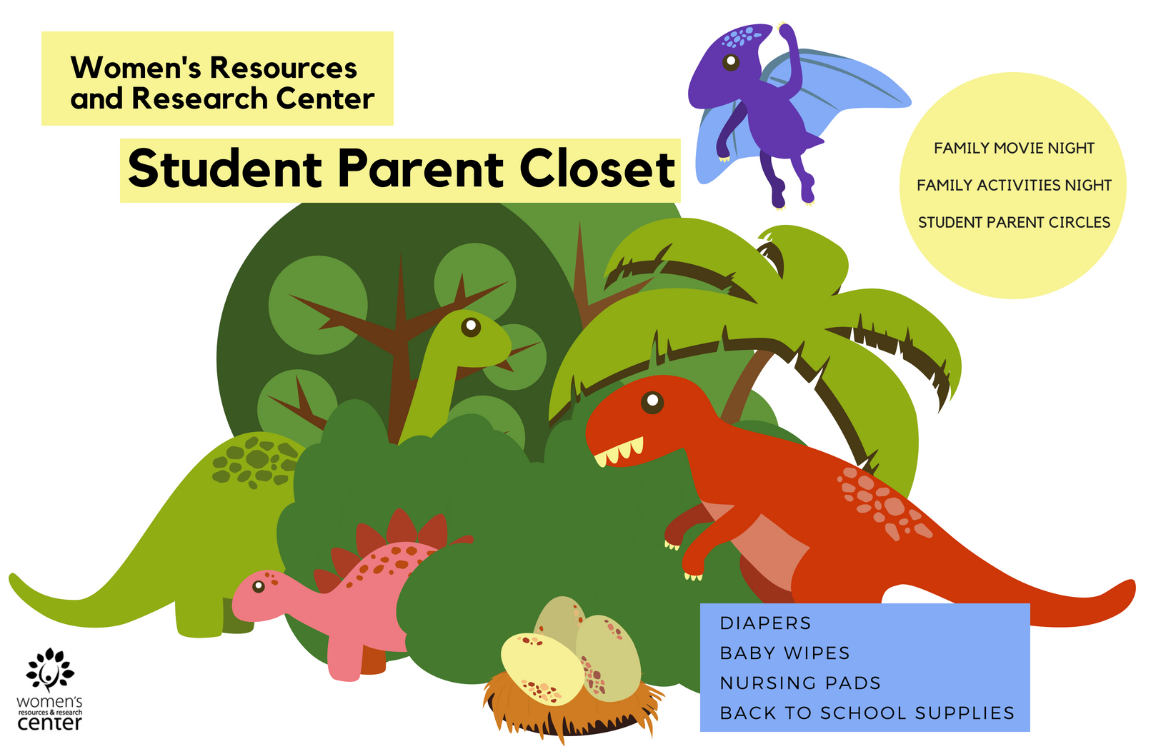 Student parent closet flyer with dinosaurs, trees and a nest of eggs