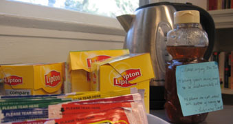 picture of lipton tea and a honey bear bottle in the library