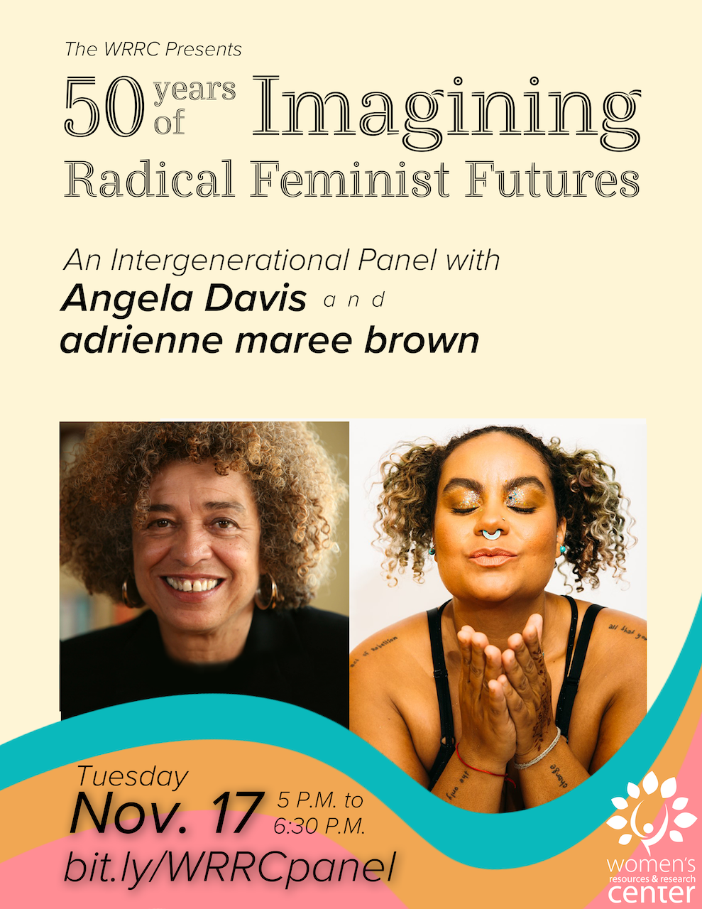Image of Dr. Angela Davis and adrienne maree brown on a flyer for the WRRC 50th anniversary intergenerational panel