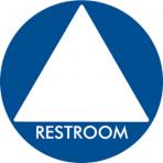 gender-inclusive bathroom sign that is blue circle with white triangle and restroom written underneath the triangle