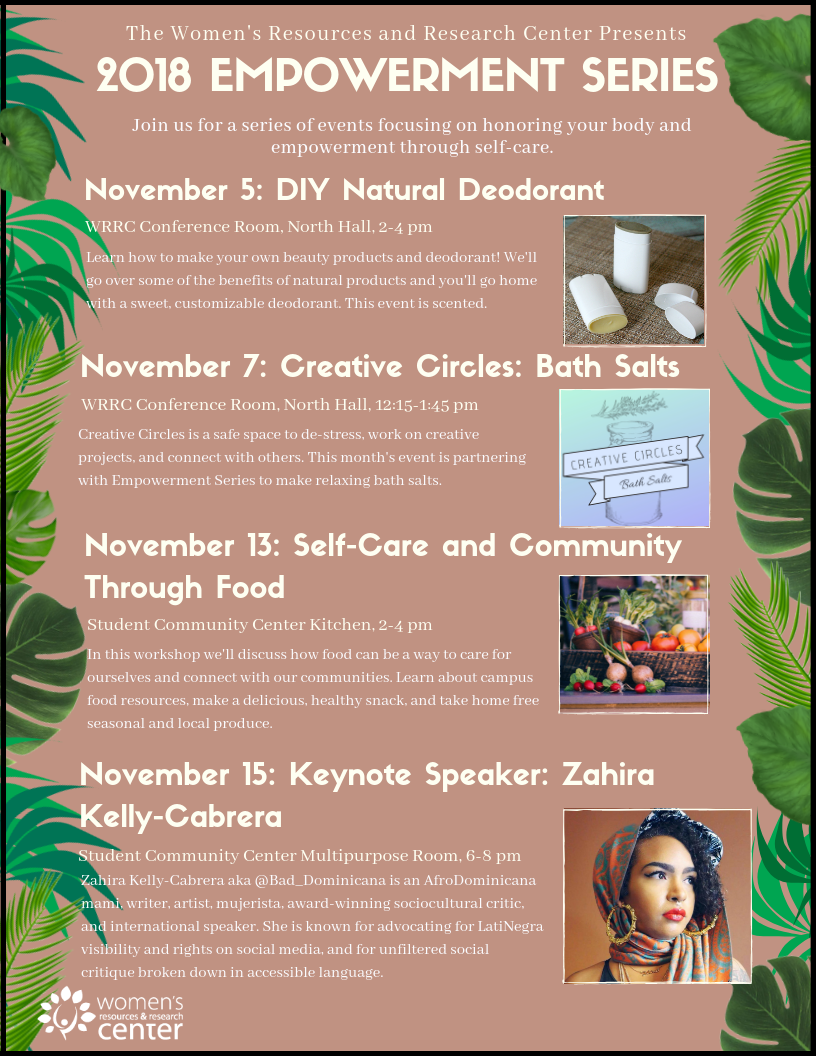 Empowerment Series flyer with green leafy border, featuring images of natural deodorant, jar for bath salts, fresh vegetables, and photo of Zahira Kelly-Cabrera.