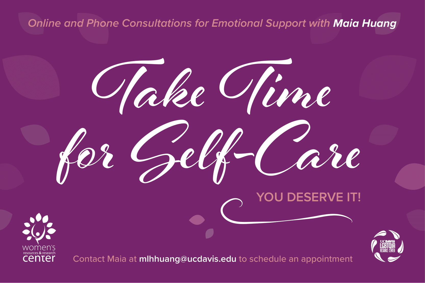 Take Time for Self Care flier. Call or email Maia to set up an appointment.