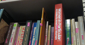 Books on a shelf in the vintage collection library