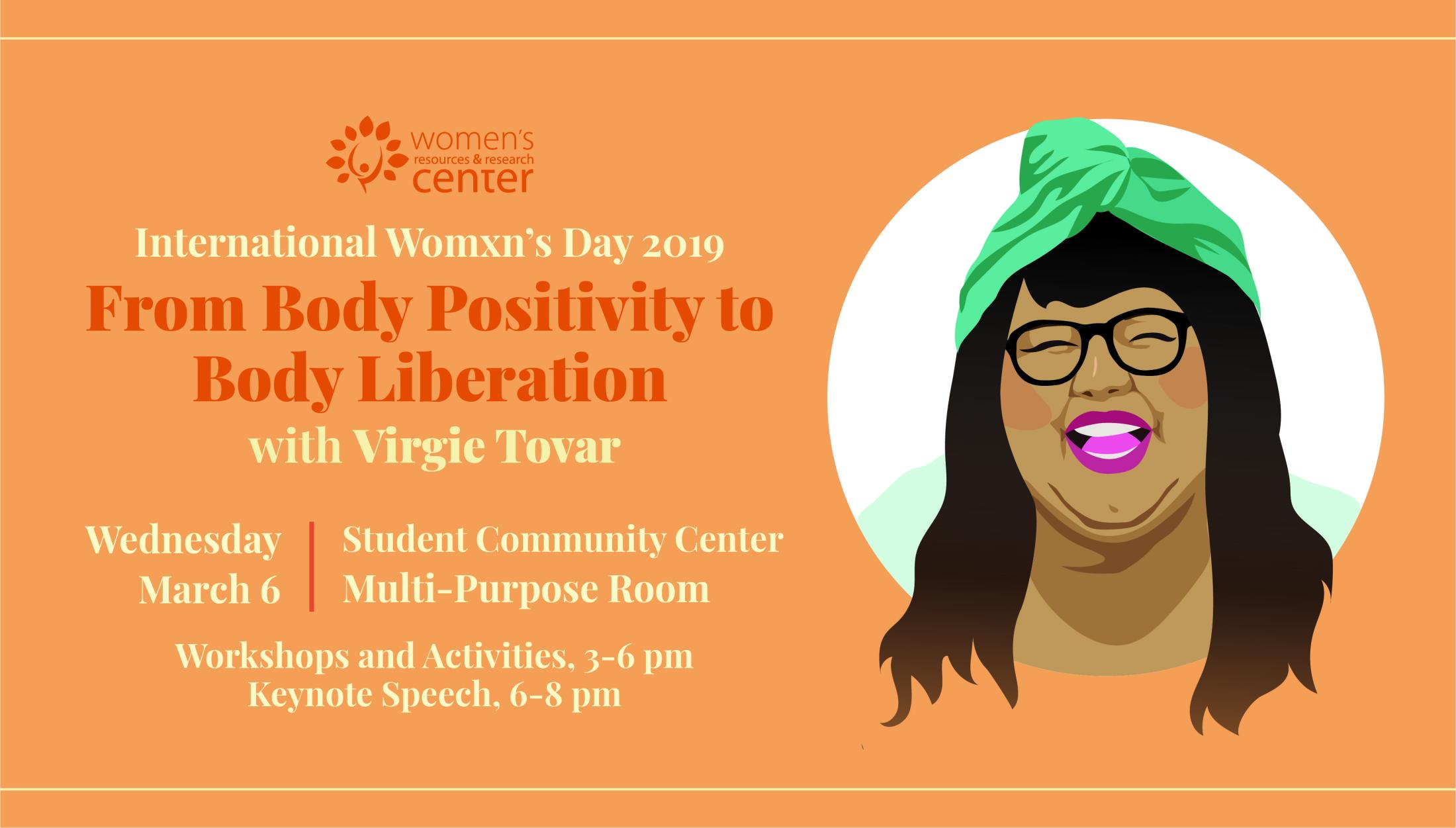 Illustration of Virgie Tovar, smiling and wearing glasses and green head wrap, set against a peach background.