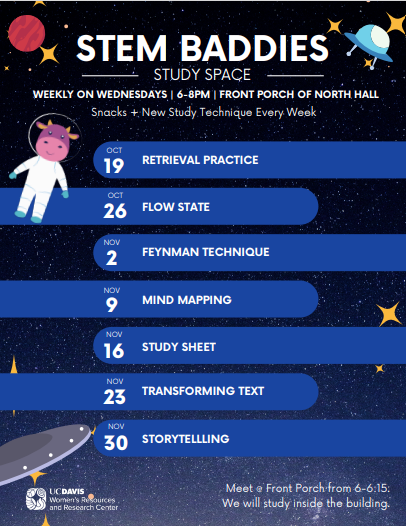 Image of STEM Baddies calendar with dates and study skills being taught. It is a space theme with the WRRC STEM mascot Cowstronaut