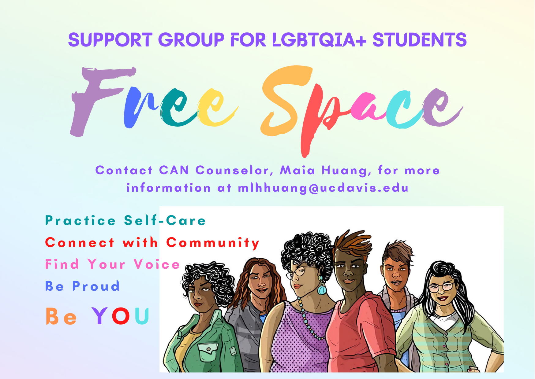 Free Space program flyer: support from for LGBTQIA+ Students. There is an image of different people in the bottom right corner. 