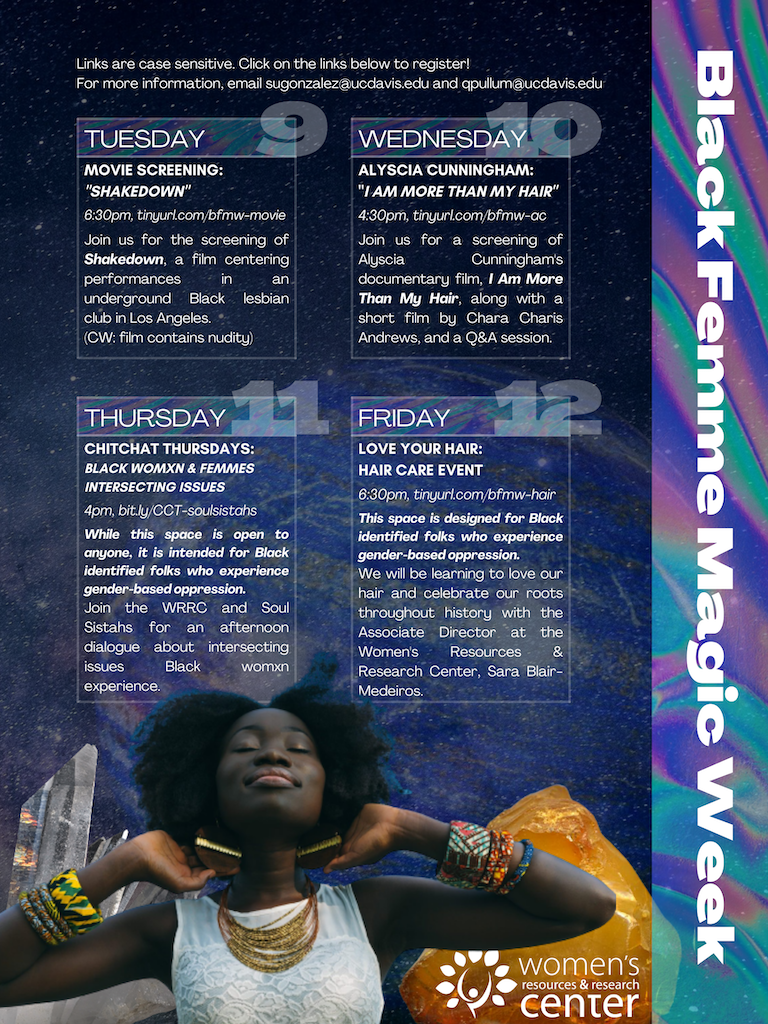 2021 Black Femme Magic Week Calendar Feb 9th thru Feb 12th. Celestial background with event information with an image of a Black woman looking up at the events wearing a white dress with her hair flowing and bangles on her wrists. 