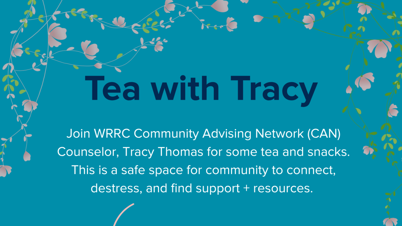 Teal event flyer graphic with decorative teacup and flowers, title text and small logos