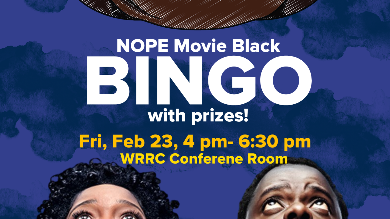 Blue flier with two black people looking up at a cowboy hat.