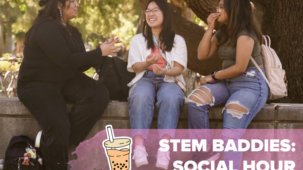 Three students sitting outside talking, laughing, smiling. Date, time, location of event are at the bottom of the flier