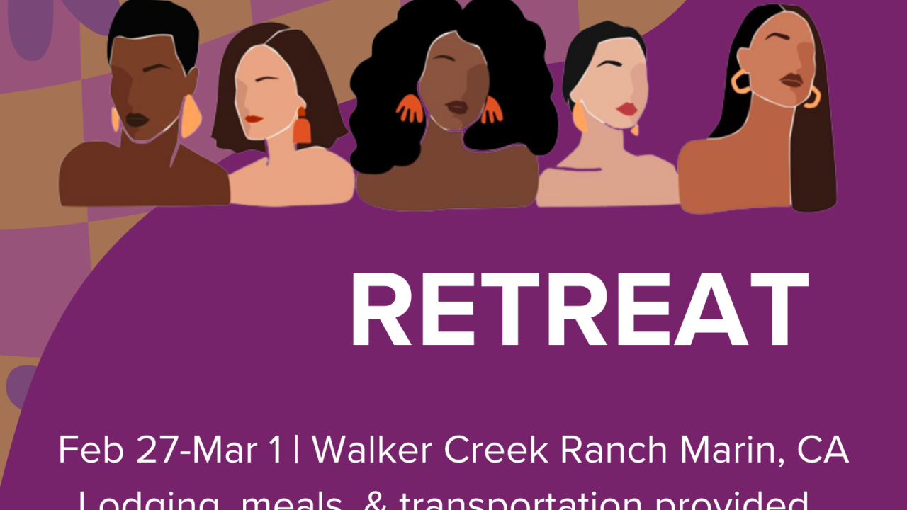We Rise Retreat Flier. Five women of color in a line on light mocha brown and purple background with date, time, location of retreat.