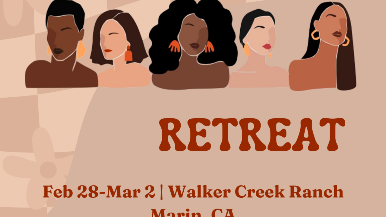 Women of Color Retreat Flier. Five women of color in a line on light mocha brown background with date, time, location of retreat.