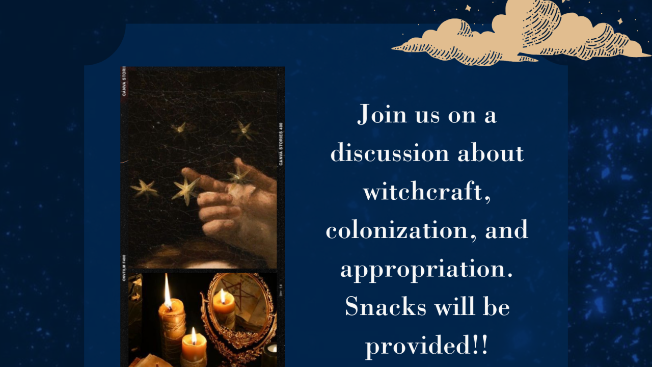 blue flier with sparkles on it and an image of magical tools. All the information in the caption is included on the flier