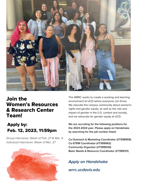 WRRC Scholar staff recruitment flier with an image of the WRRC team on the north hall front steps. Positions available listed below with handshake ID numbers next to them.