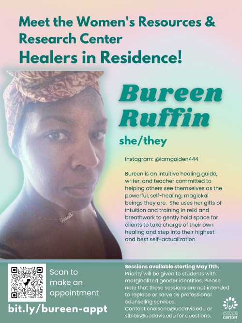 Bureen HIR flier. She is wearing a head wrap in the photo and there is a bio and a QR code