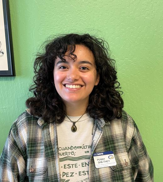 Penny is smiling at the camera in front of a green wall. They have brown curly hair that is down to their shoulders. They are wearing a plaid shirt, necklace, and white shirt underneath with writing on it. They also have a nametag with their name on it.