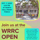 Open House flyer with date, time, location of WRRC Open House. There is an illustration of the WRRC in the top right corner.