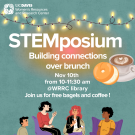 Flier with event information. Bagel and coffee and group of people in a circle of chairs talking